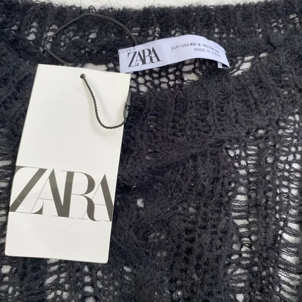 NWT Zara Open Knit Sweater XS/S Black Sheer Boho Grunge Pullover